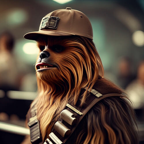 Chewbacca wearing a baseball cap