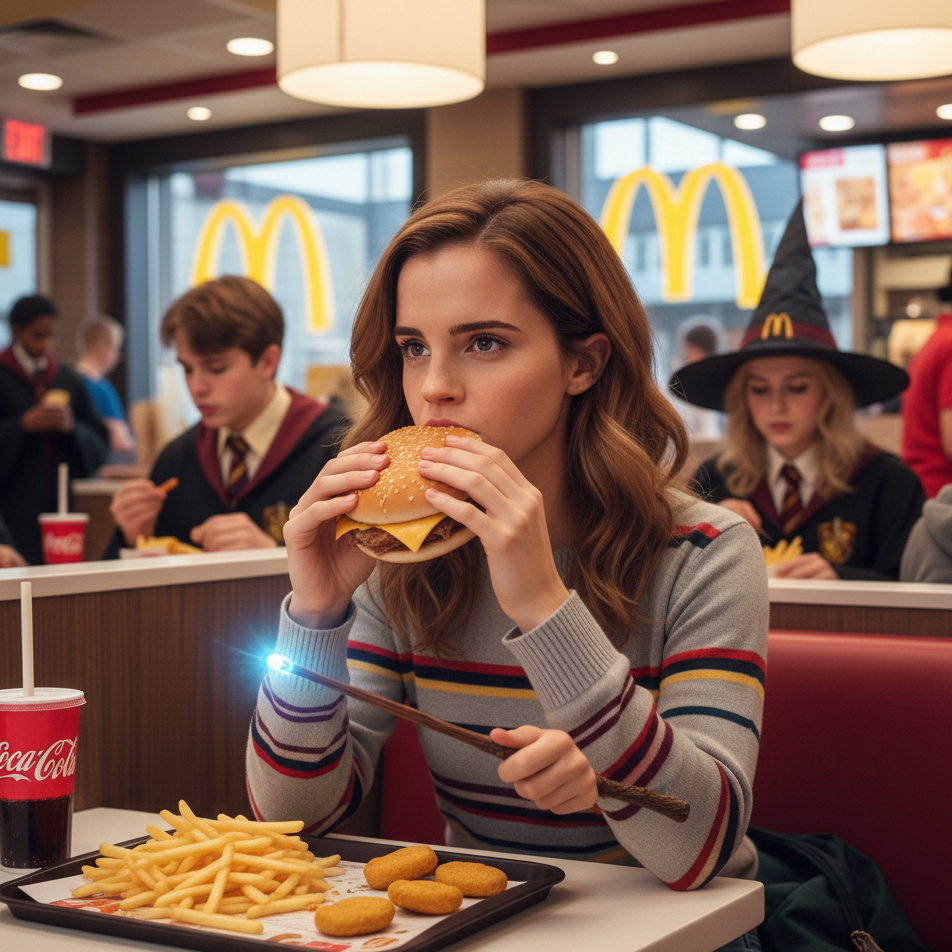 Hermione Granger eating a burger at MacDonalds