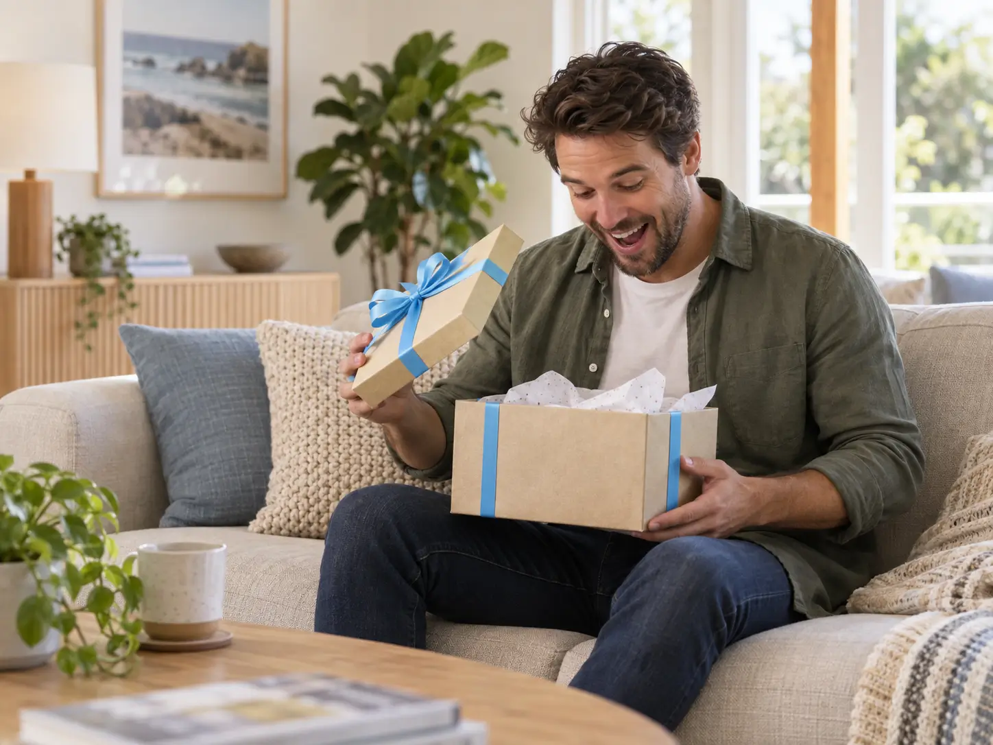 A delighted person opening a fun and unusual gift
